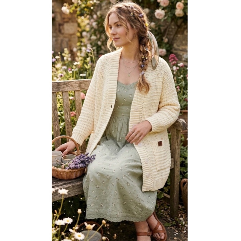 Hand-Made Crocheted Ivory Chunky Knit Cardigan Sweater